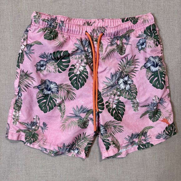 Tommy Bahama Men’s Swim Trunks Medium Pink Tropical Hibiscus Leaf Print - Picture 1 of 7